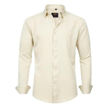 Imagem de J.VER Camisas sociais masculinas sólidas de manga comprida com elástico e sem rugas, camisa formal casual de negócios, Creme, GG