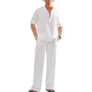 Imagem de WESIDOM Conjunto masculino de 2 peças de algodão e linho Henley camisa manga comprida de enrolar + calça casual verão conjuntos de praia, Branco mais recente, G