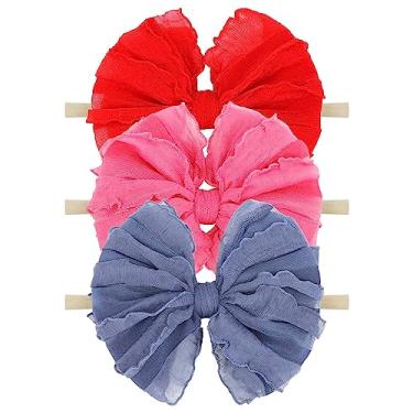 Imagem de Lanmerry Pacote com 3 faixas elásticas macias para bebês meninas recém-nascidas laço acessórios de cabelo para bebês meninas rosa azul-marinho vermelho