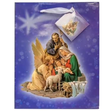 Imagem de Bolsa de presente com design de presépio da Sagrada Família | Inclui papel de seda e etiqueta de presente | Ótimo embrulho para ocasiões cristãs | batismo, primeira comunhão, Natal (25 cm)