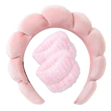 Imagem de YAHENLI Conjunto de faixa de cabeça de spa para lavar o rosto, faixa de cabelo macia com bolhas, acolchoada e fofa, esponja antiderrapante, acessório para maquiagem e cabelo