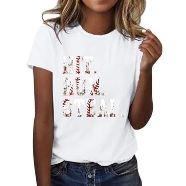 Imagem de Camiseta feminina com estampa de beisebol, gola redonda, manga curta, casual, moderna, túnica de verão, Branco, 3G
