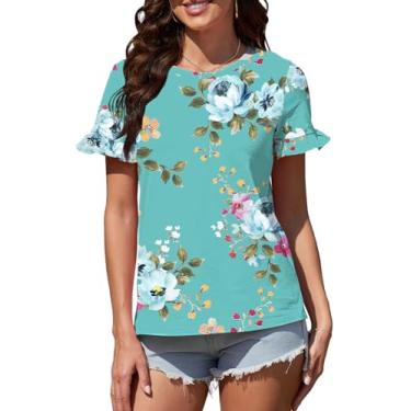 Imagem de ArtJuly Camisetas femininas de verão fofas de manga curta com babados e blusas casuais elegantes, Flor azul-petróleo, G