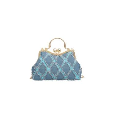 Imagem de CORIOS Bolsa feminina jeans acolchoada para noite bolsa de casamento com strass brilhante bolsa transversal com pérolas, Azul, Large