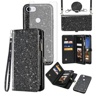 Imagem de Asuwish Capa de celular para Google Pixel 3a XL com zíper carteira destacável com protetor de tela de vidro temperado cordão alça flip porta-cartões Pixel3aXL Pixle 3aXL A3 Pixel3a LX feminina preta