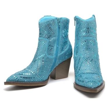 Imagem de Botas femininas de strass com diamantes negros, botas de caubói prateadas, rosa brilhante, sapatos curtos vermelhos brilhantes elegantes largos cano médio tornozelo e botinha, Azul, 35