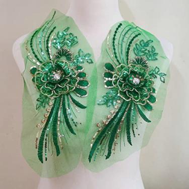 Imagem de Remendo bordado de tule com contas de tule e aplique de flor para roupas vestido de casamento renda tecido decoração DIY (verde)