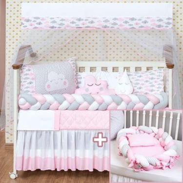 Imagem de Kit berço e ninho trançados nuvem rosa menina com saia box - BruceBaby