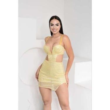 Imagem de Vestido Curto em Paetê Decote V Entalhado Cavado na Cintura-Feminino