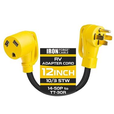 Imagem de Iron Forge Cable Cabo para trailer, gerador e adaptador elétrico RV, plugue macho 14-50P para fêmea TT-30R, adaptador de plugue de 30 cm - 10/3 STW amarelo