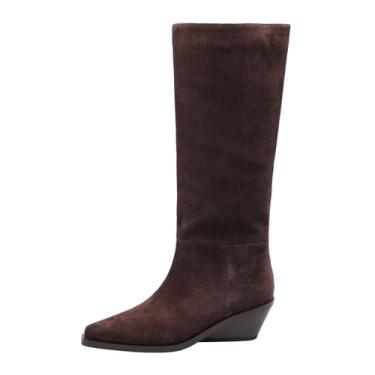 Imagem de UNWRBD Botas de salto plataforma de 5 cm de couro genuíno cano médio bico fino feminino salto alto simples tamanho grande botas até o joelho, Marrom, US5 EU35