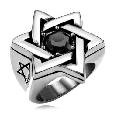 Imagem de Oaldilee Anel Estrela de Davi para homens e mulheres, ouro 18 quilates, aço inoxidável, vintage, zircônia cúbica, proteção para amuleto, tamanho 7-14, Metal, Zircônia cúbica