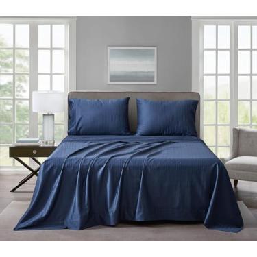 Imagem de New Season - Lençóis de cama 100% algodão jacquard - 600 fios multilistrados - Conjunto de lençóis de cama de 4 peças de cetim tecido sedoso e suave - bolso profundo de 38 cm - (Queen, azul