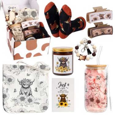 Imagem de Presentes de vaca Highland para mulheres Highland Cow Stuff Presentes com tema de vaca para amantes de vacas, inclui sacola de lona, copo de vidro, presilhas de cabelo, chaveiro, meias, cartão de vela