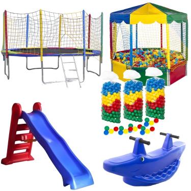 Imagem de Kit Cama Elástica 3,05m Piscina de Bolinhas 2,00m Oitavada c/ 1500 Bolinhas Escorregador Grande Gangorra 2 Lugar