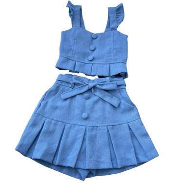 Imagem de conjunto infantil menina em linho short saia e cropped - COMART, Azul 