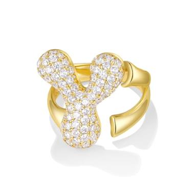 Imagem de KissYan Anel feminino com inicial de bolha, placa de ouro 14 quilates, anéis abertos, ajustáveis, delicados, pavimentados, zircônia cúbica, personalizada, moda, joia de presente, Latão, Zircônia