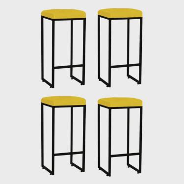 Imagem de Kit 04 Banqueta Alta Lara Para Cozinha Bar Balcão Bistrô Churrasqueira Ferro Preto Corino Amarelo - Ahz Móveis
