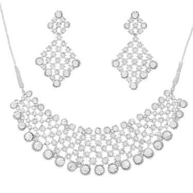 Imagem de Touchstone Conjunto de colar de joias de noiva de strass transparente de bollywood indiano branco para mulheres, Strass, Sem Pedra Preciosa