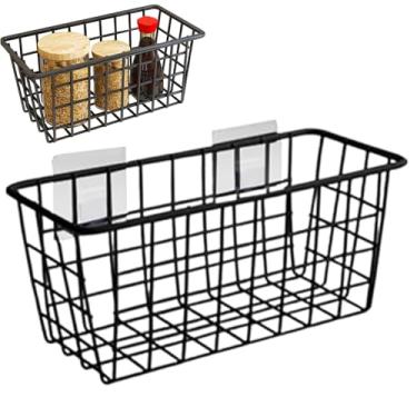 Imagem de Cesta de arame preto, cesta de metal de 28 x 12 x 12 cm, arame para pendurar na bancada/parede com ganchos para organizar banheiro de despensa de cozinha, metal