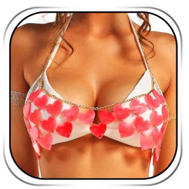 Imagem de REETAN Sutiã de coração para dia dos namorados, corrente de biquíni com lantejoulas rosa, acessório de corpo rave para mulheres