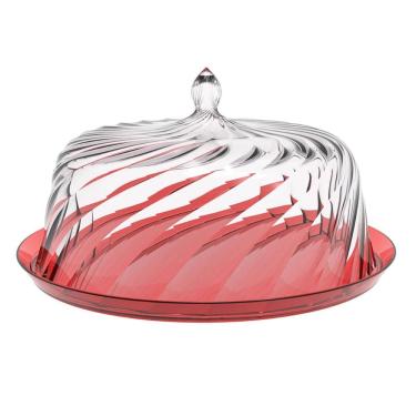 Imagem de Porta Bolo Torta com Cúpula 25cm Vermelho Transparente Glass