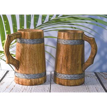 Imagem de Caneca de cerveja indiana para ele-Estilo Viking Caneca de madeira de 590 ml - Caneca de cerveja de madeira natural - Presentes de casamento e aniversário para ele