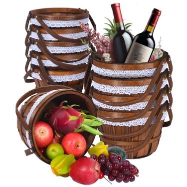 Imagem de Cesta de piquenique redonda de madeira para maçã 25,4 cm x 16,5 cm, cesta de frutas e frutas, balde de flores de tecido para frutas e legumes, piquenique ao ar livre, acampamento, presente, piquenique