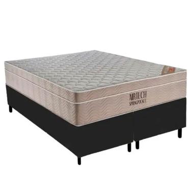 Imagem de Conjunto Box Casal King Size Colchão Airtech Molas Ensacadas Spring Pocket E Base Material Sintético Ortobom Preto E Bege