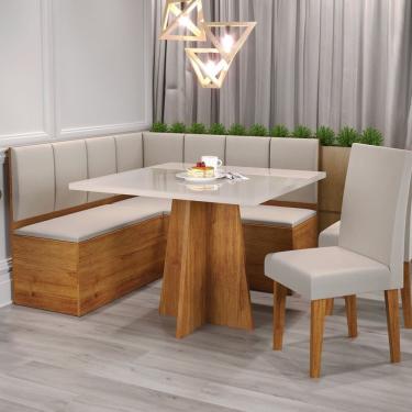Imagem de Conjunto Canto Alemão Com Baú Trento Mesa Quadrada Com Vidro 90x90 E 2 Cadeira Venus Em MDP MDF Mel Marfim Off White