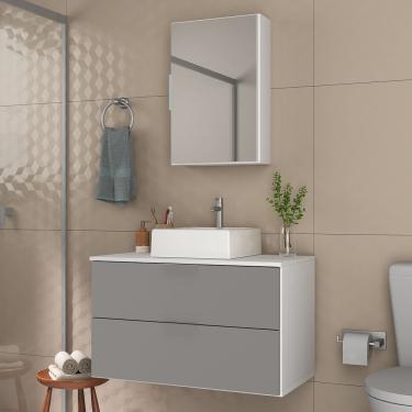 Imagem de Conjunto Gabinete Banheiro Rubi 80cm Gabinete + Cuba + Espelheira Branco Cinza