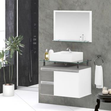 Imagem de Conjunto Gabinete Banheiro 2 Gavetas 1 Porta 60cm Com Espelheira Diamante - Cinza Rovere - Cinza