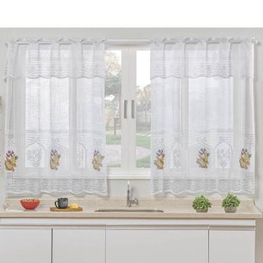 Imagem de Cortina Para Cozinha Renda Flores Para Varão Simples 1,20m X 2,50m