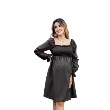 Imagem de FUNJULY Vestido de maternidade feminino casual decote coração plissado vestido evasê estampado formal rodado mini vestidos curtos, Blackblong, P