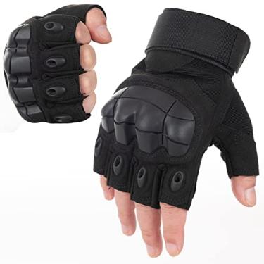 Imagem de Luvas táticas de borracha militar JZYML Luvas de articulações rígidas sem dedos Luvas de meio dedo para uso ao ar livre adequado para ciclismo airsoft Paintball motocicleta caminhadas acampamento (Preto, GG)
