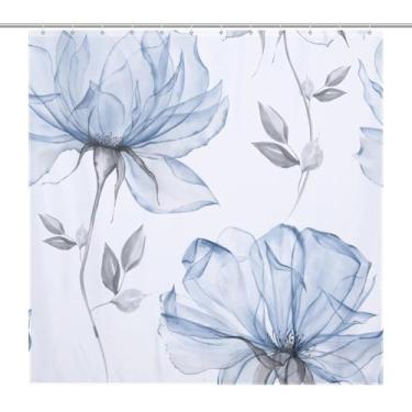 Imagem de Yoakiet Cortina de chuveiro floral aquarela, estampa artística estética com folhas de flores azuis e cinza retrô para banheiro, conjunto com 12 pacotes de ganchos de plástico 72 x 72 polegadas (183 x