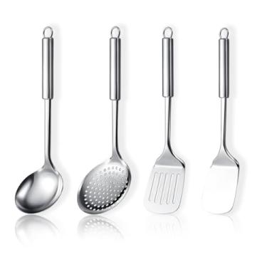 Imagem de ReaNea Conjunto de utensílios de cozinha de aço inoxidável com 4 peças, conjunto de utensílios de cozinha inclui conjunto de espátula de metal, escumadeira de cozinha, concha de sopa, utensílios