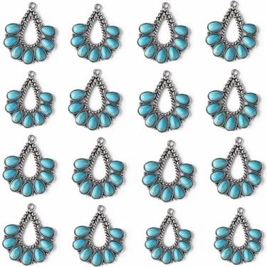Imagem de Spritewelry 50 peças de pingentes turquesa sintética leque estilo tibetano pingentes retrô liga grande pingente prata antiga pedras pingentes para joias, colar, pulseira, brinco, artesanato