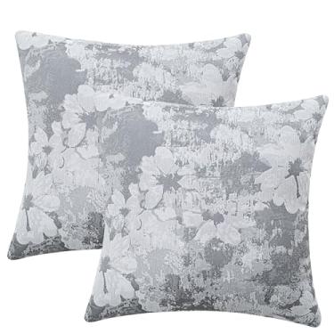 Imagem de Conjunto de 2 capas de almofada jacquard 45,72 x 45,72 cm - Fronhas vintage floral boho com padrão botânico | Decoração de casa de fazenda para sofá sala de estar | Textura macia neutra trio cinza