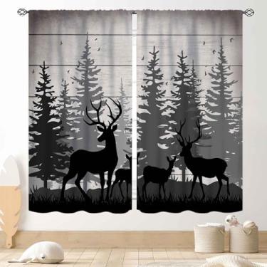 Imagem de TKUYO Cortinas rústicas de cervo, fazenda floresta cabana árvore caça veado acampamento de madeira vintage campo blackout cortina tratamentos para sala de estar quarto cozinha banheiro 2 painéis, 160
