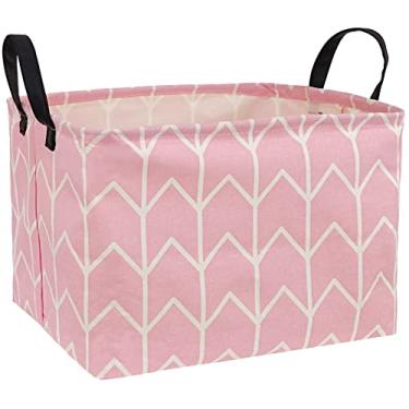 Imagem de HUAYEE Cesta de armazenamento retangular de tecido de lona, organizador de brinquedos com revestimento à prova d'água com alças, cesta de presente para casa, escritório, roupas, brinquedo, cesta de prateleira (rosa)