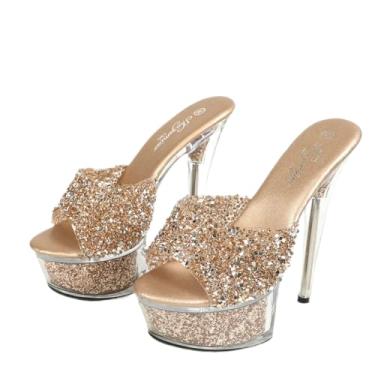 Imagem de mclubgirl Sandálias femininas stiletto plataforma de cristal, salto alto transparente, glitter dourado champanhe, 15 cm, Dourado, 38
