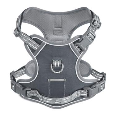 Imagem de Peitoral para cães XSmall Dog sem puxão, colete ajustável para facilitar a caminhada, material oxford respirável, tiras refletivas com controle de clipe frontal de metal, Corgi, Pug, Terriers, cinza