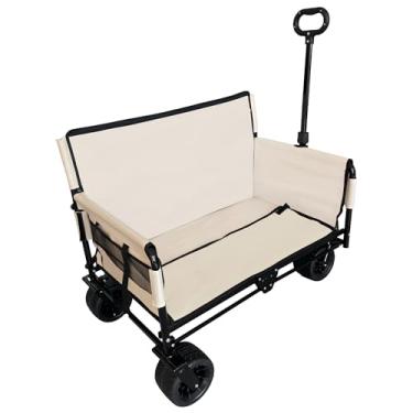 Imagem de Carrinho de praia resistente 3 em 1 com banco e armazenamento – capacidade de 226 kg/150 L, vagão dobrável para todo o terreno com rodas grandes para areia, acampamento, esportes e piquenique