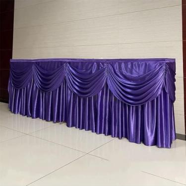 Imagem de Saias de mesa douradas em seda lisa com borlas, toalha de mesa para decoração de palco e festa de casamento, roxo escuro, L 26 pés x A 31,5 polegadas