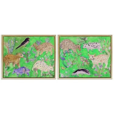 Imagem de Stupell Industries Conjunto de tela flutuante de 2 peças com moldura dourada Quirky Meadow Menagerie Animals por Melissa Wang, 17 x 21