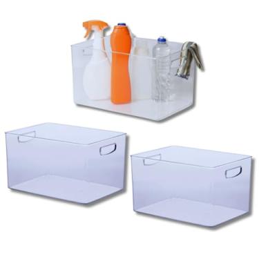 Imagem de Kit Com 3 Caixas Organizadoras Multiuso Em Acrílico Transparente com Alça 35x25x20cm para Despensa Cozinha Banheiro Guardar Brinquedos Material de Limpez Mantimentos