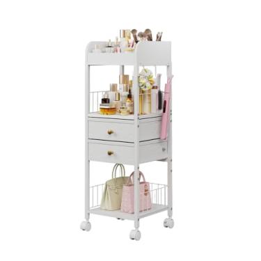 Imagem de DongRong Organizador de maquiagem de chão com rodas trancáveis e 8 divisórias, carrinho de 2 gavetas para cuidados com a pele para cosméticos/perfume/esmalte, armazenamento móvel – branco (uso no