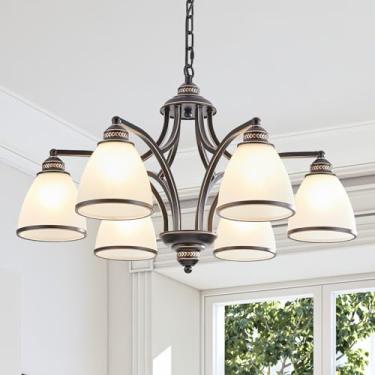 Imagem de Lustres de 6 luzes para sala de jantar com traços de vidro fosco preto e dourado modernos 76 cm luminárias suspensas no teto iluminação pendente clássica para cozinha, ilha, mesa de jantar, altura