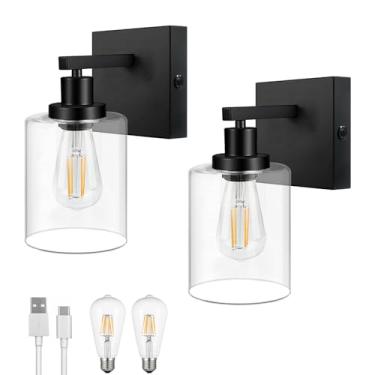 Imagem de ANKBOY Arandela de parede recarregável sem fio conjunto de arandelas de parede reguláveis de dois toques operadas por bateria com abajur de vidro preto para sala de estar (inclui 2 lâmpadas especiais)